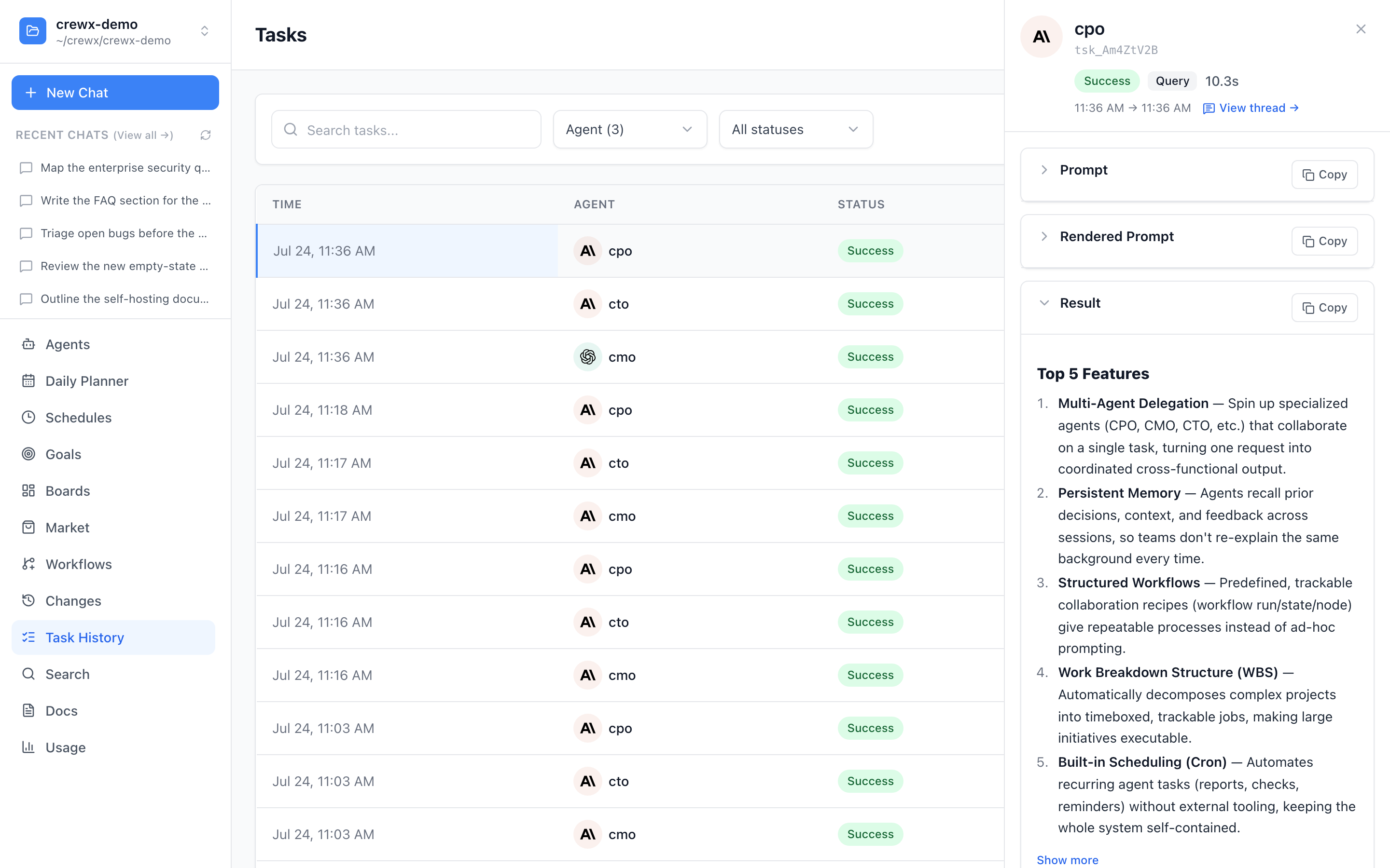 Screenshot of CrewX's work trace log showing a timeline of AI actions